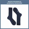 A pair of navy blue socks is displayed against a white background, with text above. Produktbild-Vorschau