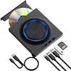 A black external DVD/Blu-ray drive with a CD inserted, along with various USB cables, a USB flash drive, and an SD card. Produktbild-Vorschau