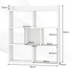 A white geometric bookshelf with dimensions indicated by measurement lines and text. Produktbild-Vorschau