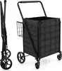 A black shopping trolley is shown from two angles: folded and unfolded. Voir les images du produit