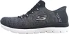 A side view of a black and gray Skechers slip-on shoe with a white sole. Podgląd zdjęcia produktu