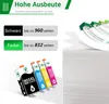 A marketing image showing printer ink cartridges and information about their page yield, alongside a stack of paper and paper flowing from a printer. Produktbild-Vorschau