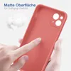 A hand is touching a red phone case, with text overlaying the image. Produktbild-Vorschau