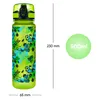 A green water bottle with a soccer-themed design, shown next to its dimensions and capacity. Anteprima dell’immagine prodotto