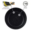 A top-down view of a black frying pan with speckled white dots, with callouts highlighting its features. Produktbild-Vorschau
