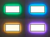 A collage of four images showing a rectangular LED panel with different colored backlights (green, blue, yellow, and purple). Produktbild-Vorschau