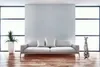 A modern living room with a sofa, a plant, and a dog sculpture. Produktbild-Vorschau