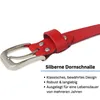 Close-up of a red leather belt buckle and strap with descriptive text. Produktbild-Vorschau