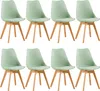 A set of eight light green dining chairs with wooden legs arranged in two rows. Náhled obrázku produktu