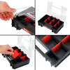 A collage of four images showing a modular tool organizer box with red dividers. The top left and bottom left images show hands interacting with the organizer, while the top right and bottom right images show the organizer from different angles. Náhled obrázku produktu