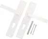 A pair of white door handles with a keyhole plate and mounting hardware, laid out on a white background. Náhled obrázku produktu