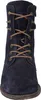 A close-up, front-facing view of a navy blue suede boot with brown laces. Podgląd zdjęcia produktu
