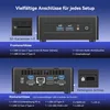 Marketing image showing the front and back of a mini PC with callouts for its various ports and features. Produktbild-Vorschau