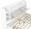 Close-up view of a white bed frame with an open headboard compartment and wooden slats. Náhled obrázku produktu