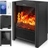 A collage of images showing an electric fireplace, its remote control, and a smartphone app interface. Náhľad obrázku produktu