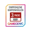 A marketing graphic for recommended card sleeves, showing "3 Packs Ruby" and the brand "GAMEGENIC". Produktbild-Vorschau