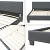 A collage of four close-up images of a dark gray upholstered bed frame, showing details of the headboard, side rails, and wooden slats. Produktbild-Vorschau