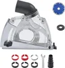 A collection of tools and accessories for a grinder, including a dust shroud, a diamond cutting disc, and various adapters. Podgląd zdjęcia produktu