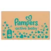 A cardboard box for Pampers active baby diapers, decorated with teal hearts and the Pampers logo. Podgląd zdjęcia produktu