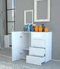 A white high-gloss sideboard with drawers and a cabinet door open, displaying decorative items on top. Voir les images du produit