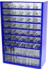 A blue metal cabinet filled with clear plastic drawers, designed for storing small parts. Produktbild-Vorschau