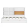 A white multifunctional sofa bed with a bookshelf headboard and a corkboard. Produktbild-Vorschau