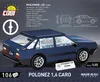 A 3D model of a blue FSO Polonez 1.6 Caro car, with technical specifications and branding displayed. Podgląd zdjęcia produktu