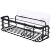 A black metal shower caddy with two hooks, attached to a white backing with two clear suction cups. Náhled obrázku produktu