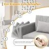 A sofa with adjustable backrests and armrests, shown in different positions, with a woman sleeping on a pillow. Voir les images du produit