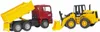 A red dump truck with a raised yellow bed and a yellow front loader are shown side-by-side against a white background. Podgląd zdjęcia produktu