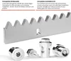 A close-up view of a metal toothed rack and several mounting screws, with descriptive text in German and English above. Náhľad obrázku produktu