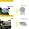 An image showing the features of a pool pump, specifically the removable filter basket and the transparent ABS lid with a knob. Voir les images du produit