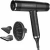 A black hairdryer and its attachments are displayed against a white background. Náhled obrázku produktu