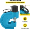 A blue hydraulic punch tool is shown with marketing text and icons highlighting its features. Produktbild-Vorschau