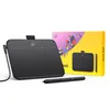 A graphic tablet and stylus are displayed next to their packaging, which features colorful illustrations. Voir les images du produit
