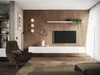 A modern living room with a TV mounted on a wooden wall, a white media console, and a comfortable armchair. Anteprima dell’immagine prodotto