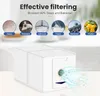 A white vacuum cleaner dust bag with illustrations of filtered particles above it. Produktbild-Vorschau