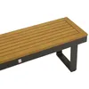 A close-up, angled view of a modern outdoor bench with a wooden slatted seat and dark metal legs, set against a plain white background. Produktbild-Vorschau