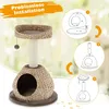 A cat tree with instructional diagrams on the right side, set against a blurred outdoor background. Produktbild-Vorschau