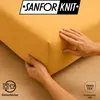 Hands are shown adjusting a yellow fabric, likely a bedsheet, with a logo and certification marks visible. Produktbild-Vorschau