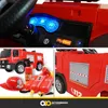 A collage of images showing a red toy fire truck, its dashboard, and accessories like a helmet and water cannons. Produktbild-Vorschau