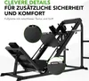 A black leg press machine is shown from a diagonal angle, with close-up insets highlighting the textured footplate and handles. Text overlays describe features. Produktbild-Vorschau