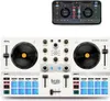 A white DJ controller with two turntables and a smartphone displaying DJ software. Anteprima dell’immagine prodotto