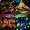 A collage of four images showcasing colorful LED string lights in various outdoor and indoor settings, including a garden party, a tent, a house exterior, and a close-up of the lights. Produktbild-Vorschau