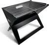 A black portable charcoal grill with a silver grate is shown on a white background.