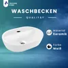 A white oval washbasin is shown against a blue and teal gradient background with text overlays. Voir les images du produit