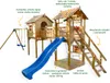 A wooden playground set with a slide, swings, and a small house, with labels pointing out features. Náhľad obrázku produktu