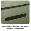 A close-up view of a green fabric storage box, showing a dark brown handle and a dark brown trim along the lid edge. Produktbild-Vorschau