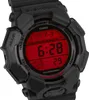 A close-up, studio shot of a black Casio G-Shock watch with a red digital display. Produktbild-Vorschau