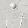 A collage of three close-up images of a white umbrella, showing the top knob, the internal frame, and the mechanism. Produktbild-Vorschau